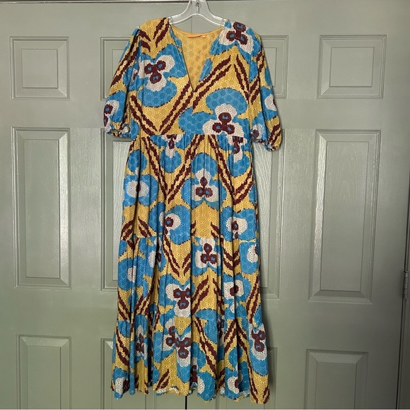 Oliphant Midi Dress with Puff Sleeves and Floral Pattern Patola Mustard - Picture 2 of 6
